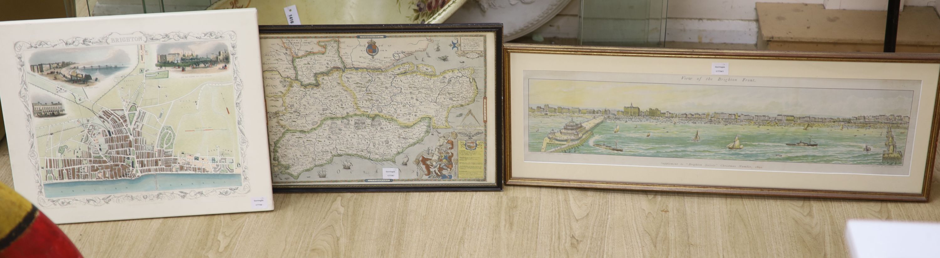 Brighton Society 1892, chromolithograph, View of the Brighton Front, 25 x 95cm, a reprint map of Sussex and a reprint map of Brighton